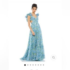 MAC DUGGAL RUFFLE TIERED FLORAL CUT-OUT CHIFFON GOWN